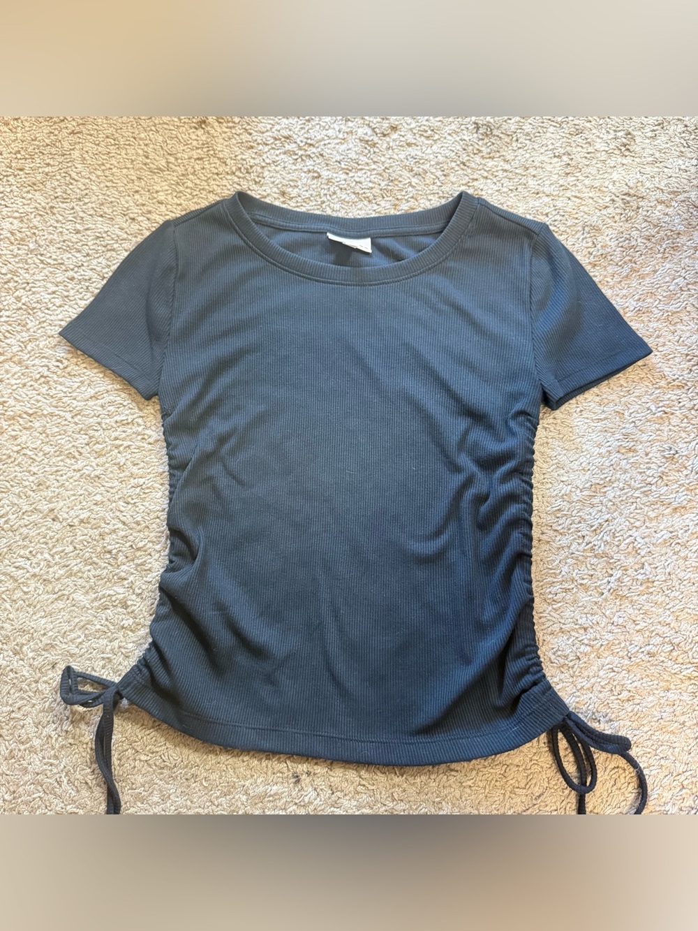 Women’s Short Sleeve Ribbed Side-Tie Ruched Waist Top - Black Size Small